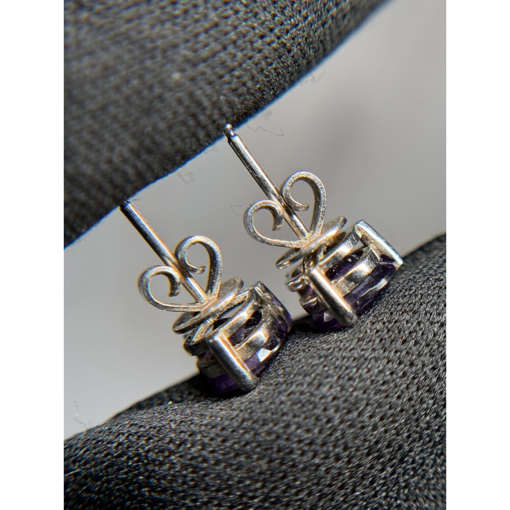 Sterling Silver Amethyst Stud Earrings Round Faceted Purple Gemstone - Picture 10 of 14